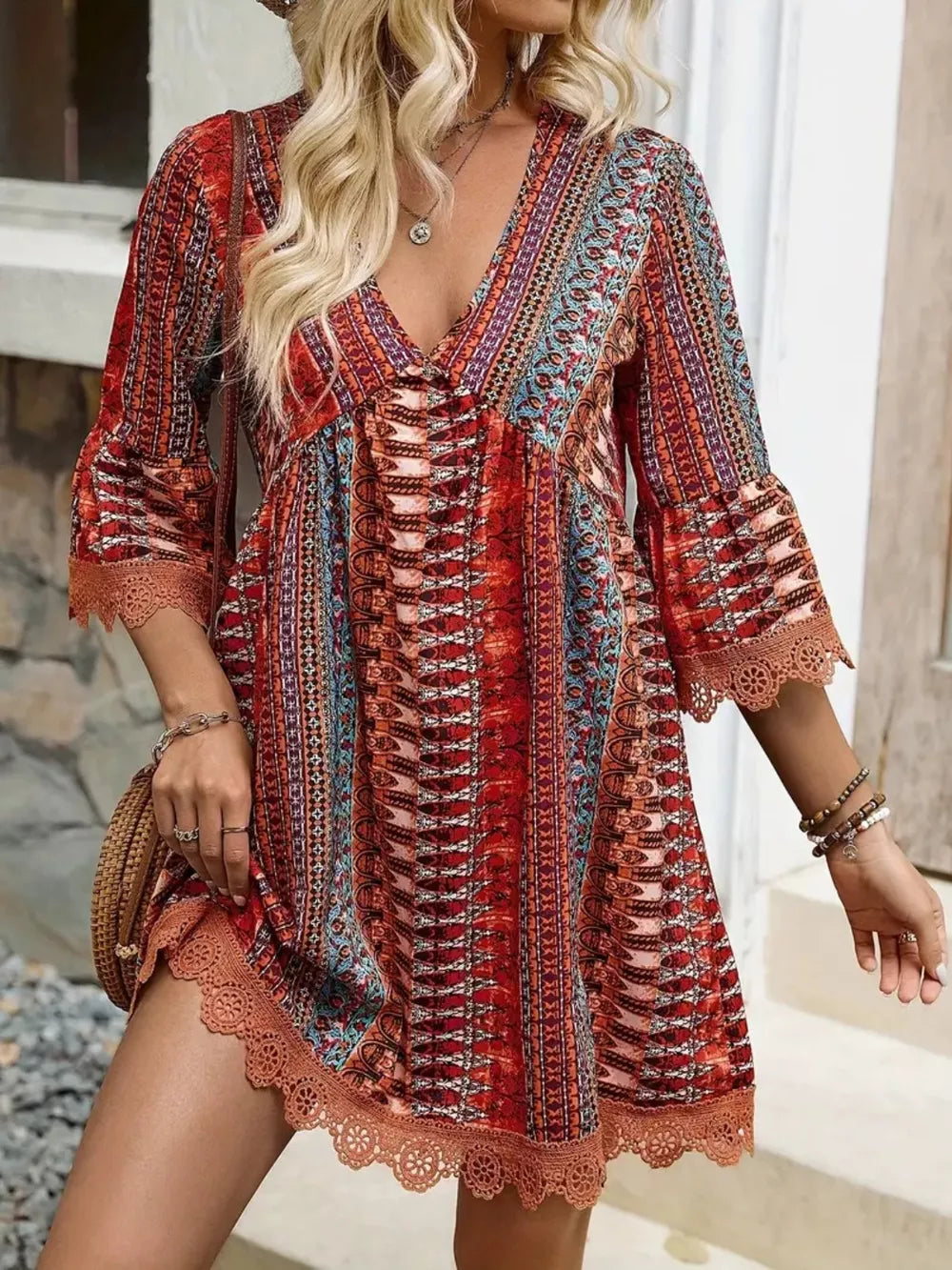 Rust printed V-neck lace-trim 3/4 sleeve dress with lace hem