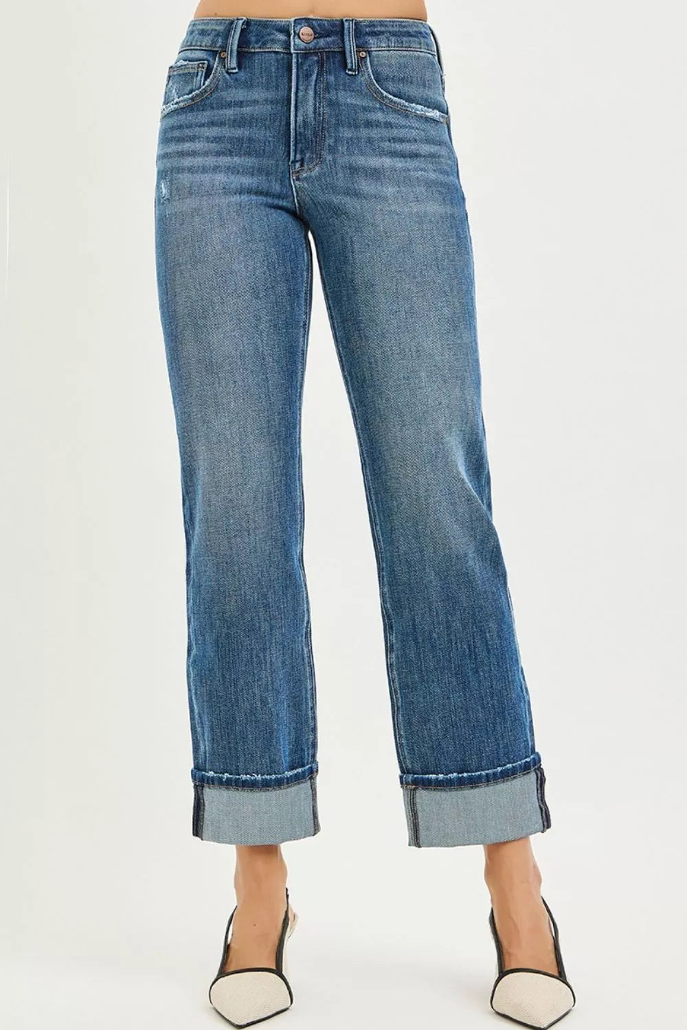 Dark blue cuffed hem straight-leg jeans with button fly and front pockets