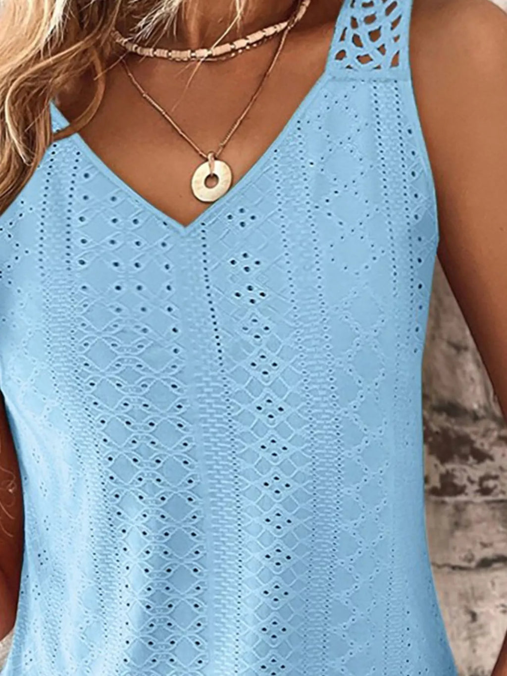Sky blue eyelet lace V-neck tank top with button placket and openwork pattern