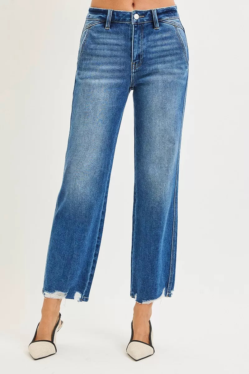 High-rise straight jeans with medium wash and distressed ankle hem