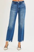 High-rise straight jeans with medium wash and distressed ankle hem