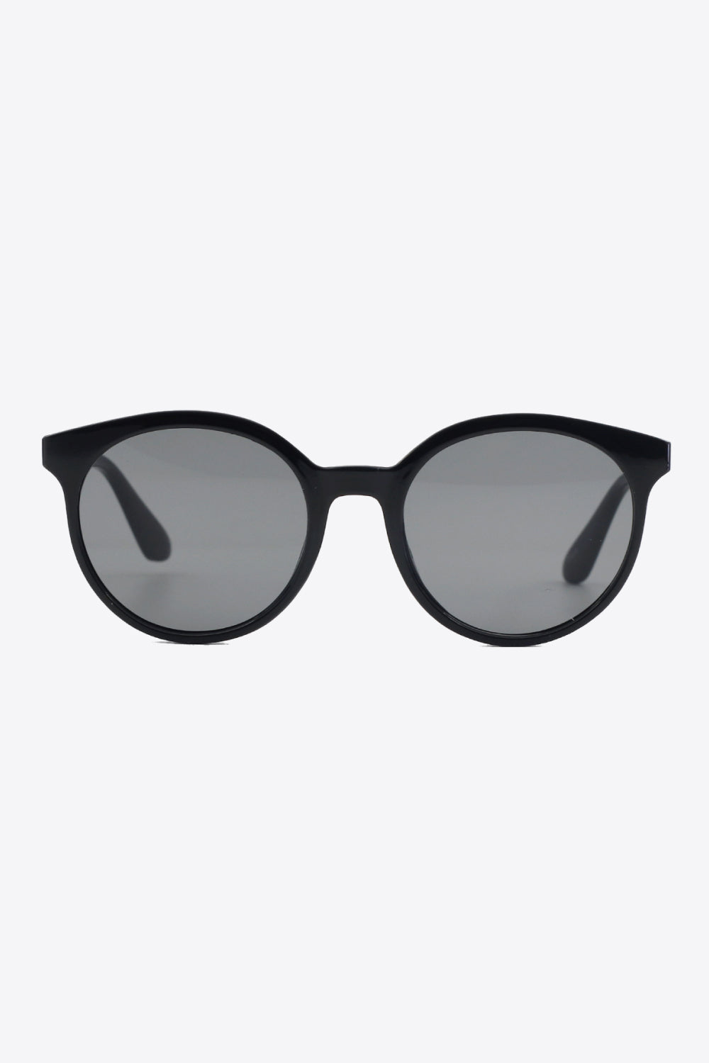 Black round full-rim sunglasses with reflective gray-tinted lenses
