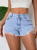 Light blue distressed denim shorts, raw frayed hem with ripped side panels