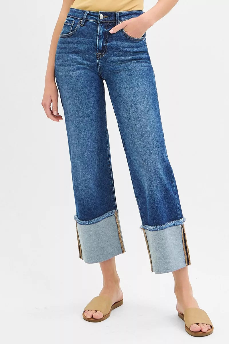Dark blue wide-leg crop jeans, mid-rise, button fly, cuffed hems