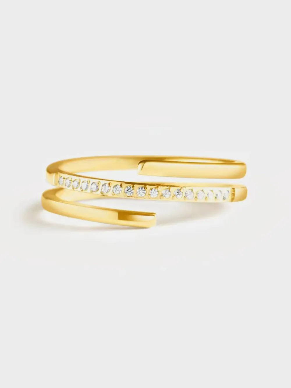 Gold zircon inlay ring set with two stacked bands and embedded stone stripe
