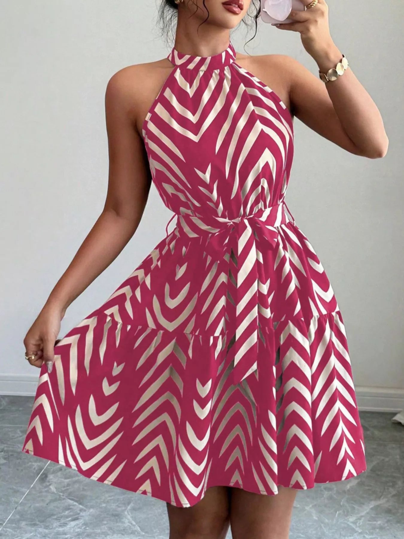 Rose red zebra print halter neck dress, tie waist with flared ruffle skirt