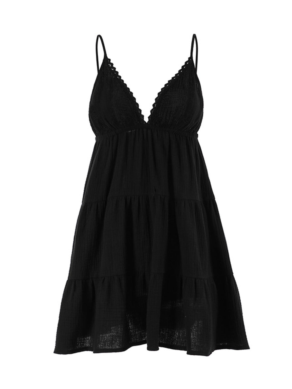 Black V-neck tiered mini dress with lace triangle bust and tiered skirt