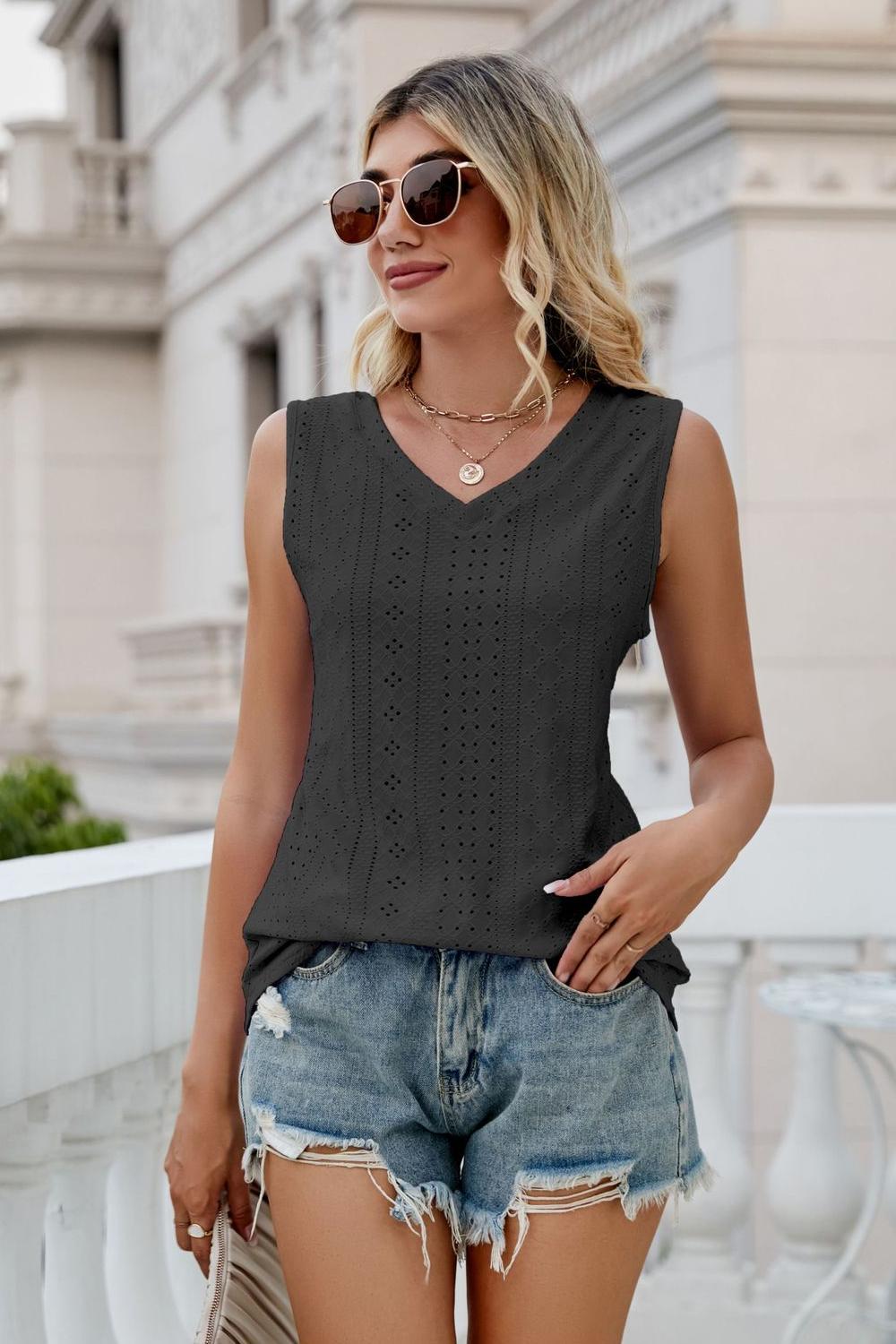 Black eyelet V-neck tank, sleeveless, with cutwork eyelet pattern