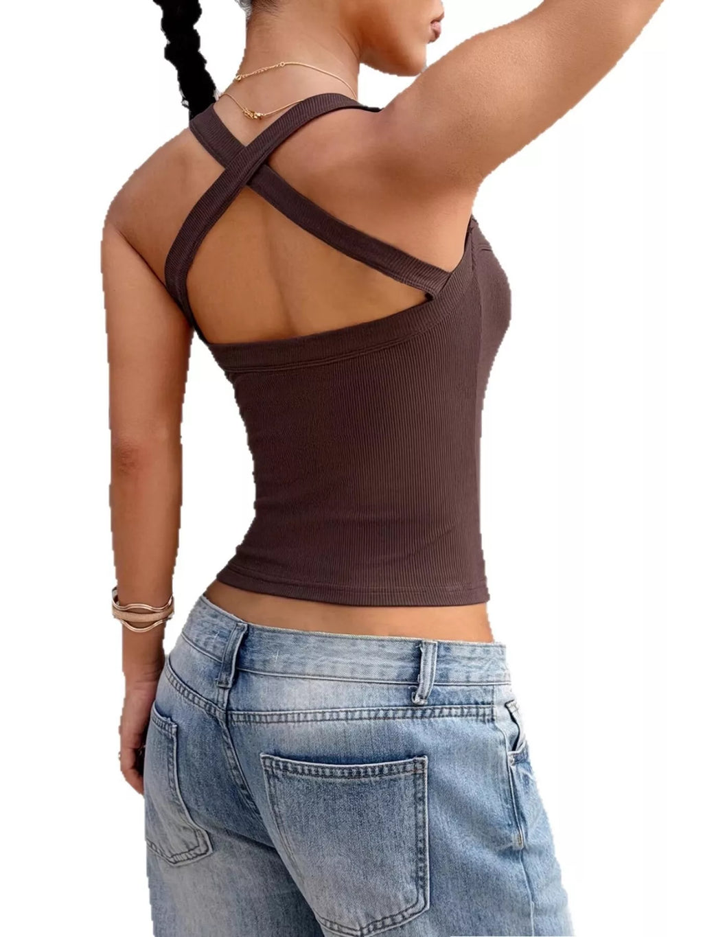 Ribbed square-neck cami in dark brown with crisscross back straps.