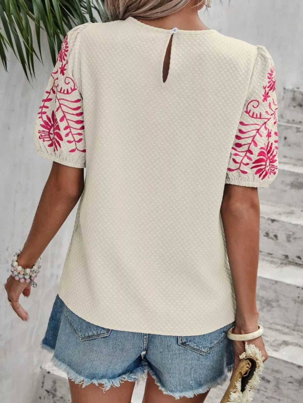 Embroidered puff sleeve blouse, cream with pink sleeve embroidery and keyhole back