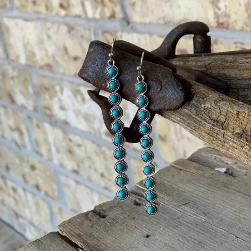 Turquoise multi-stone drop earrings, oval bezel settings with thin silver hooks