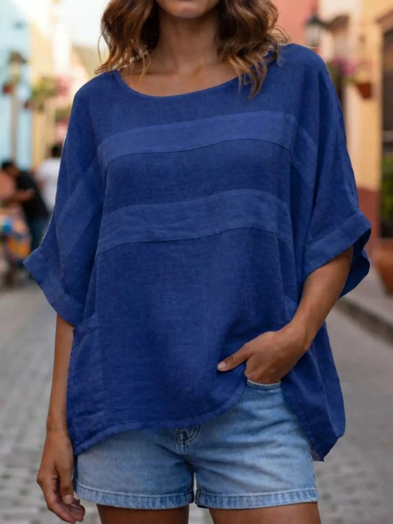 Plus size casual loose blouse, round neck, short batwing sleeves, dark blue
