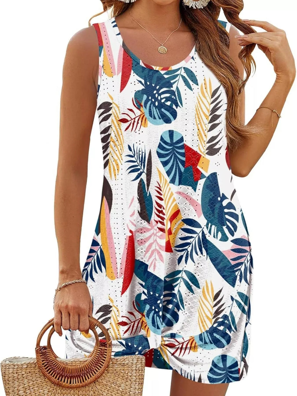 Knotted hem tank dress, sleeveless white with blue leaf print