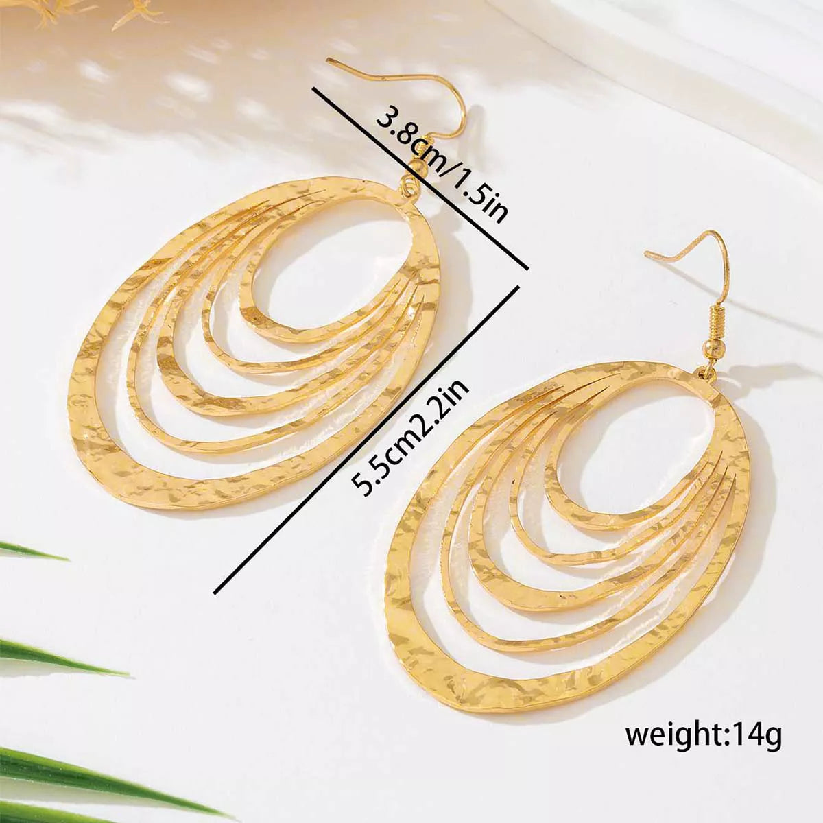 Gold-plated oval layered hoop earrings, 5.5×3.8 cm, weight 14g