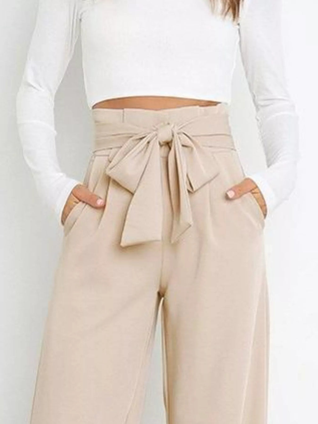 High-waist wide-leg pants, light beige with tied waist detail