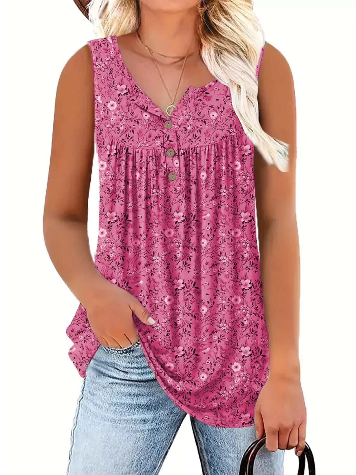 Plus size floral button-front V-neck tank top, rose pink with small flower print