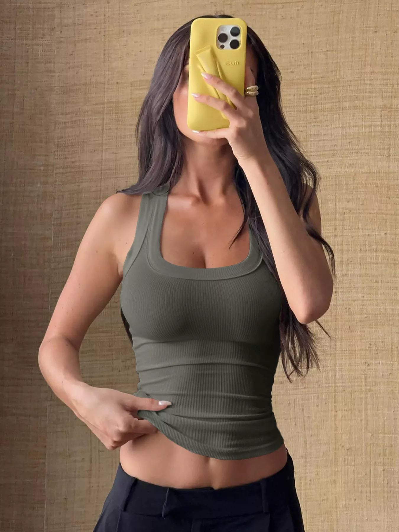 Army green ribbed knit slim-fit tank top with scoop neck and sleeveless fit
