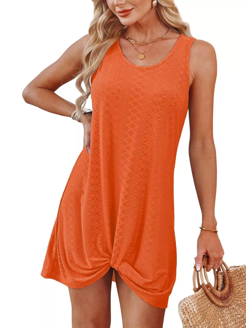 Orange sleeveless tank dress with knotted hem, round neck, textured fabric