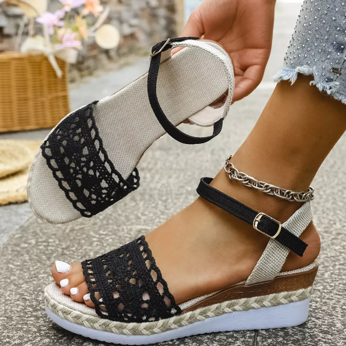 Black crochet espadrille wedge sandals with ankle strap and open peep-toe
