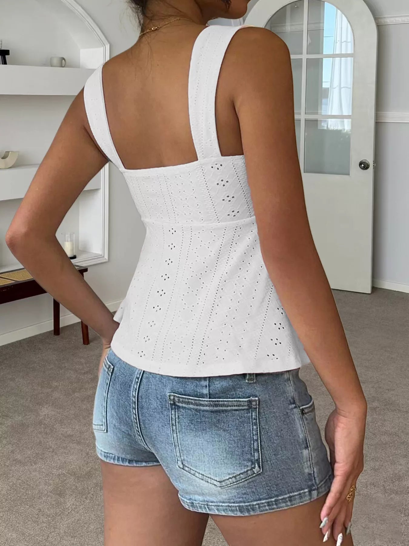 White eyelet embroidered cami top, open back with wide straps