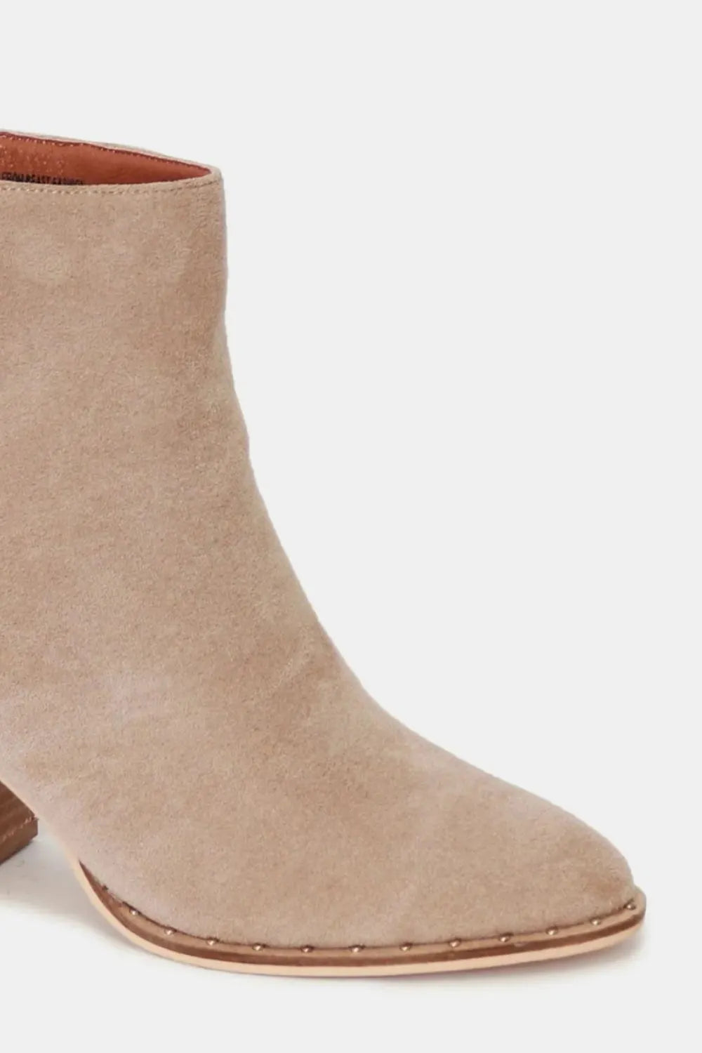 Taupe suede pointed toe ankle bootie with low block heel