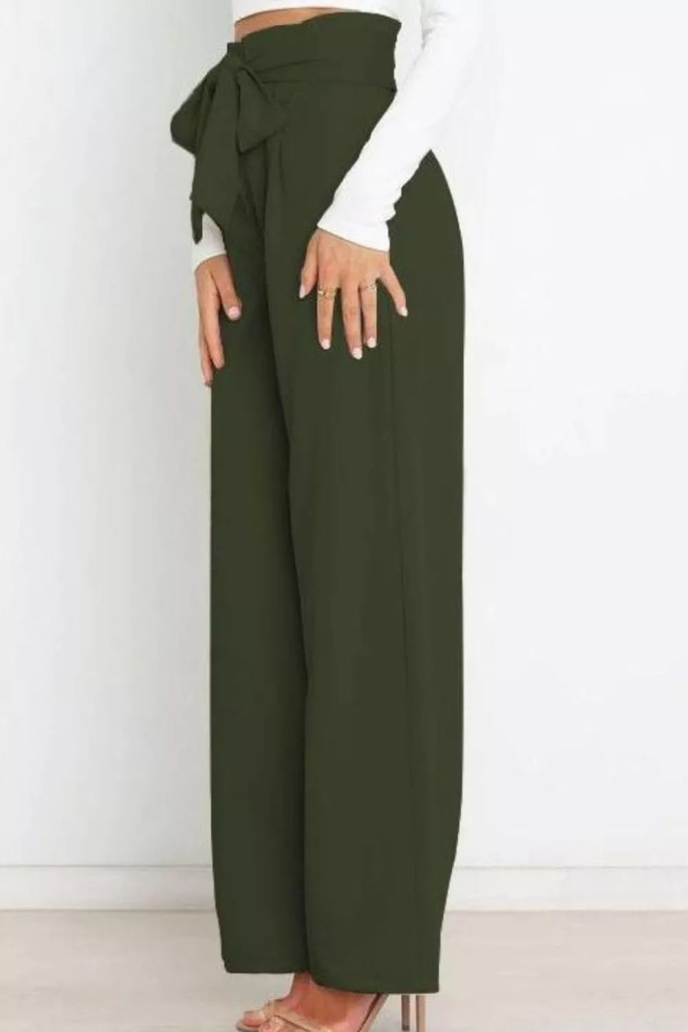 High-waist wide-leg pants with front tie, dark green