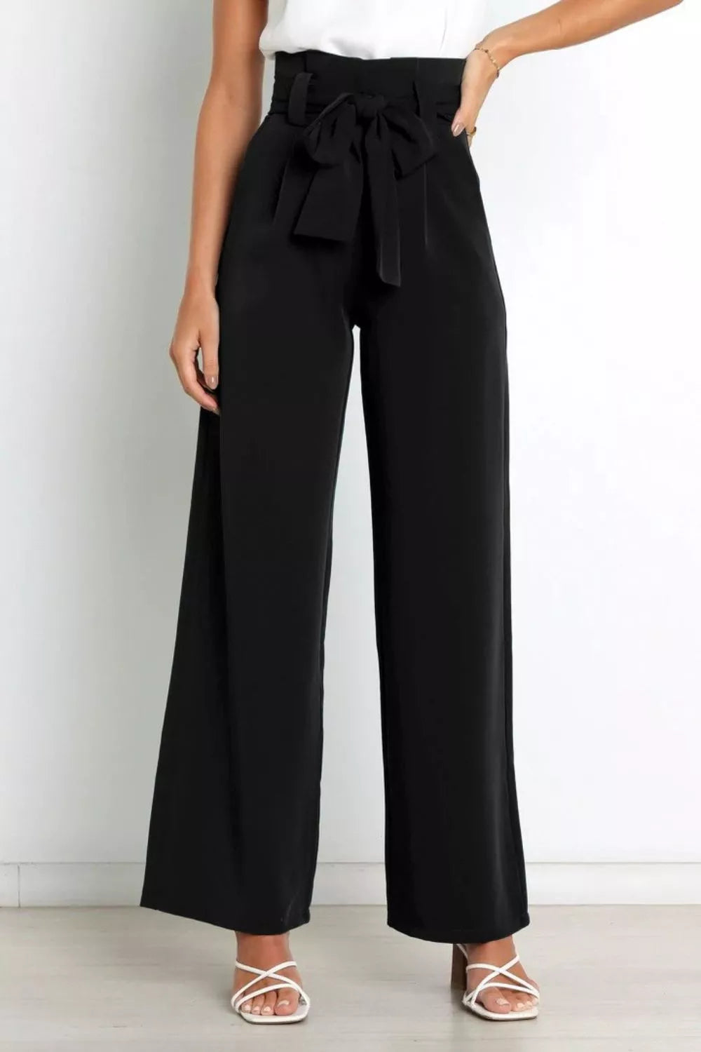 High waist tie-front wide-leg pants in black with front bow