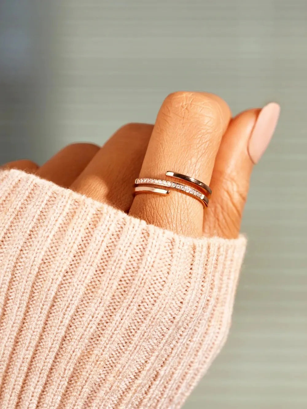 Silver zircon inlay ring with two slim bands and a row of small stones