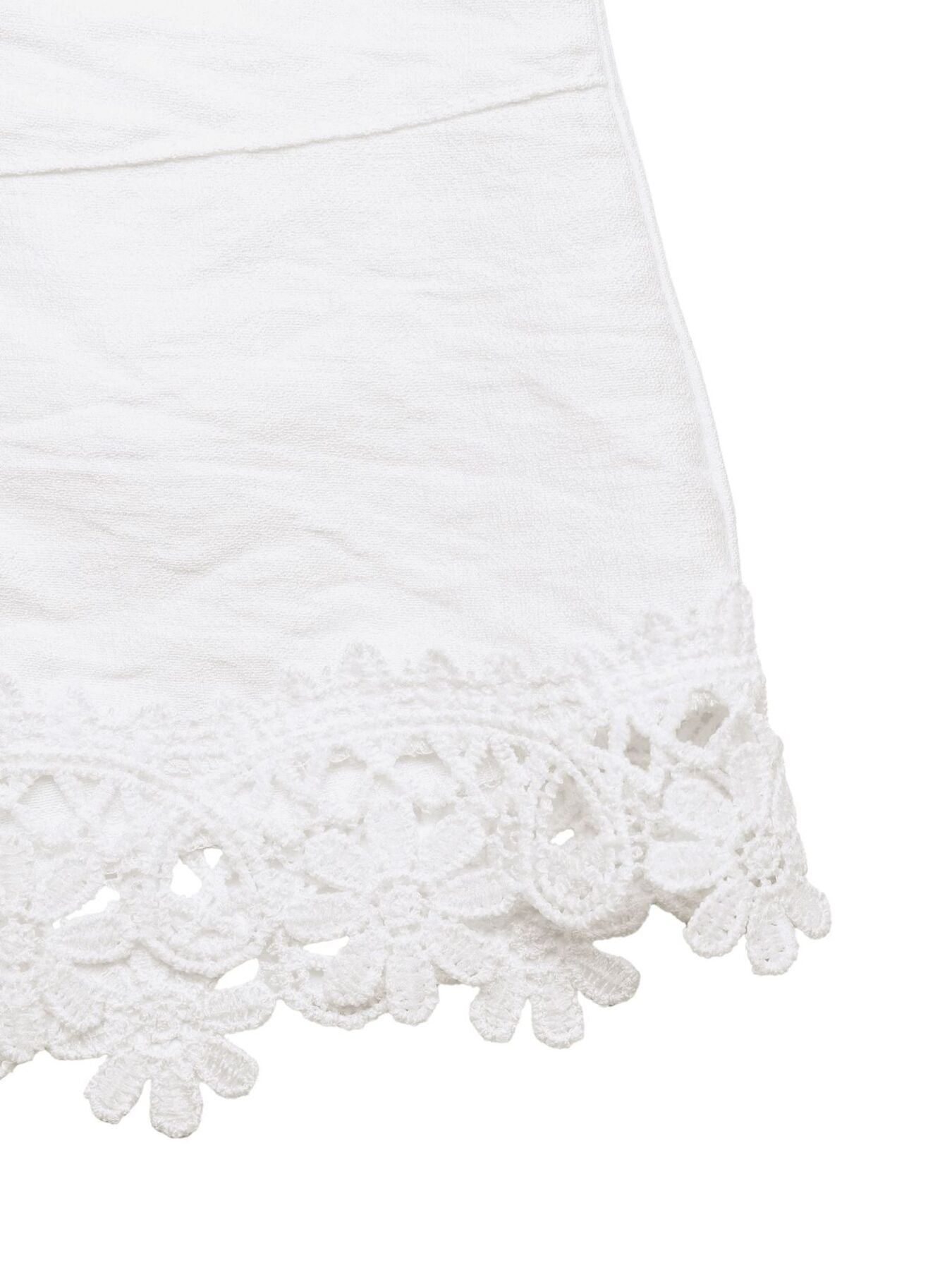 Ivory crochet lace hem on drawstring waist shorts with scalloped trim