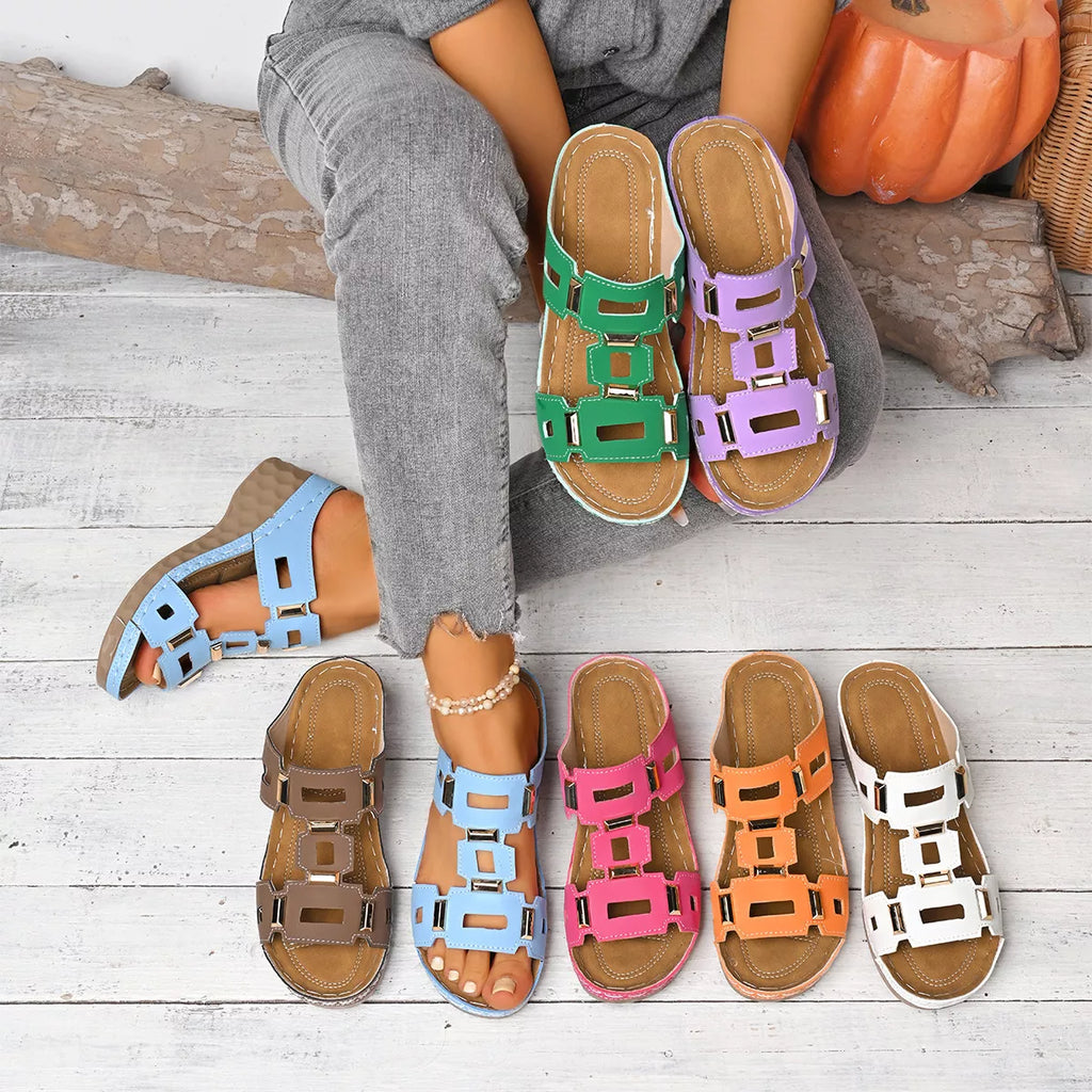 Open-toe wedge sandals assortment with cutout buckle straps in mixed colors