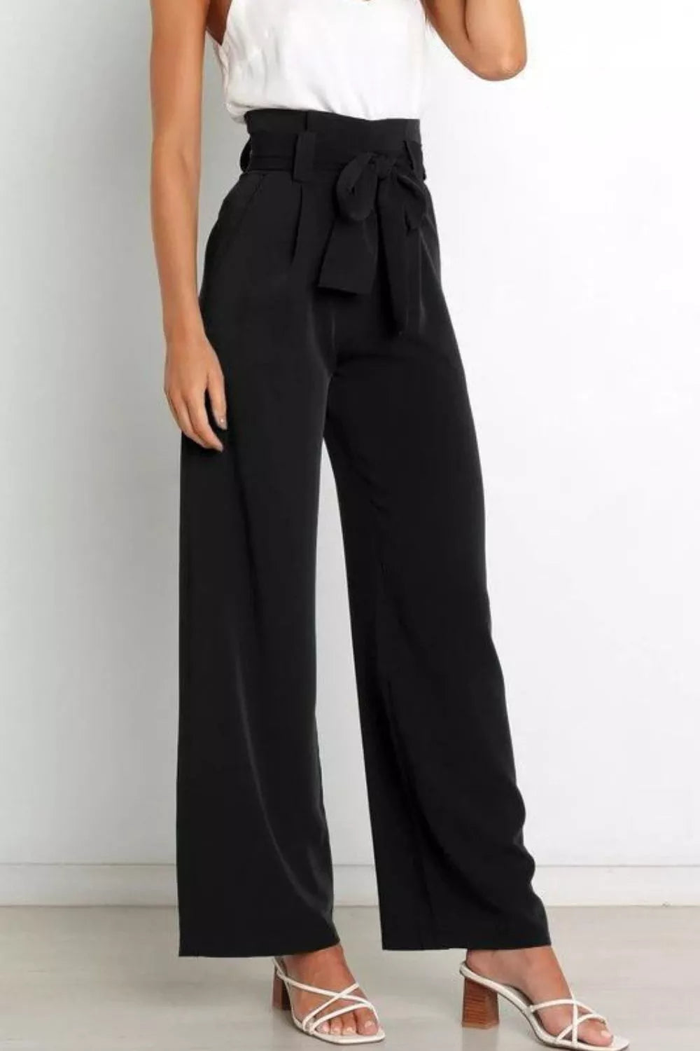 High waist tie-front wide-leg pants in black with front bow