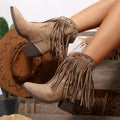 Brown suede point-toe boots with long fringe, stud accents, and chunky block heel