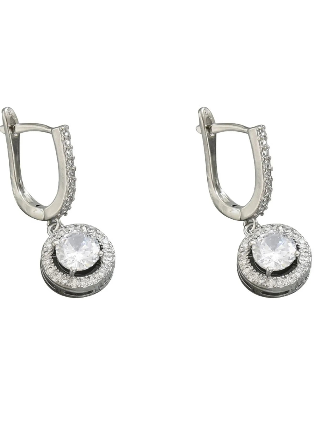Silver zircon drop hoop earrings with circular halo and clear center crystal