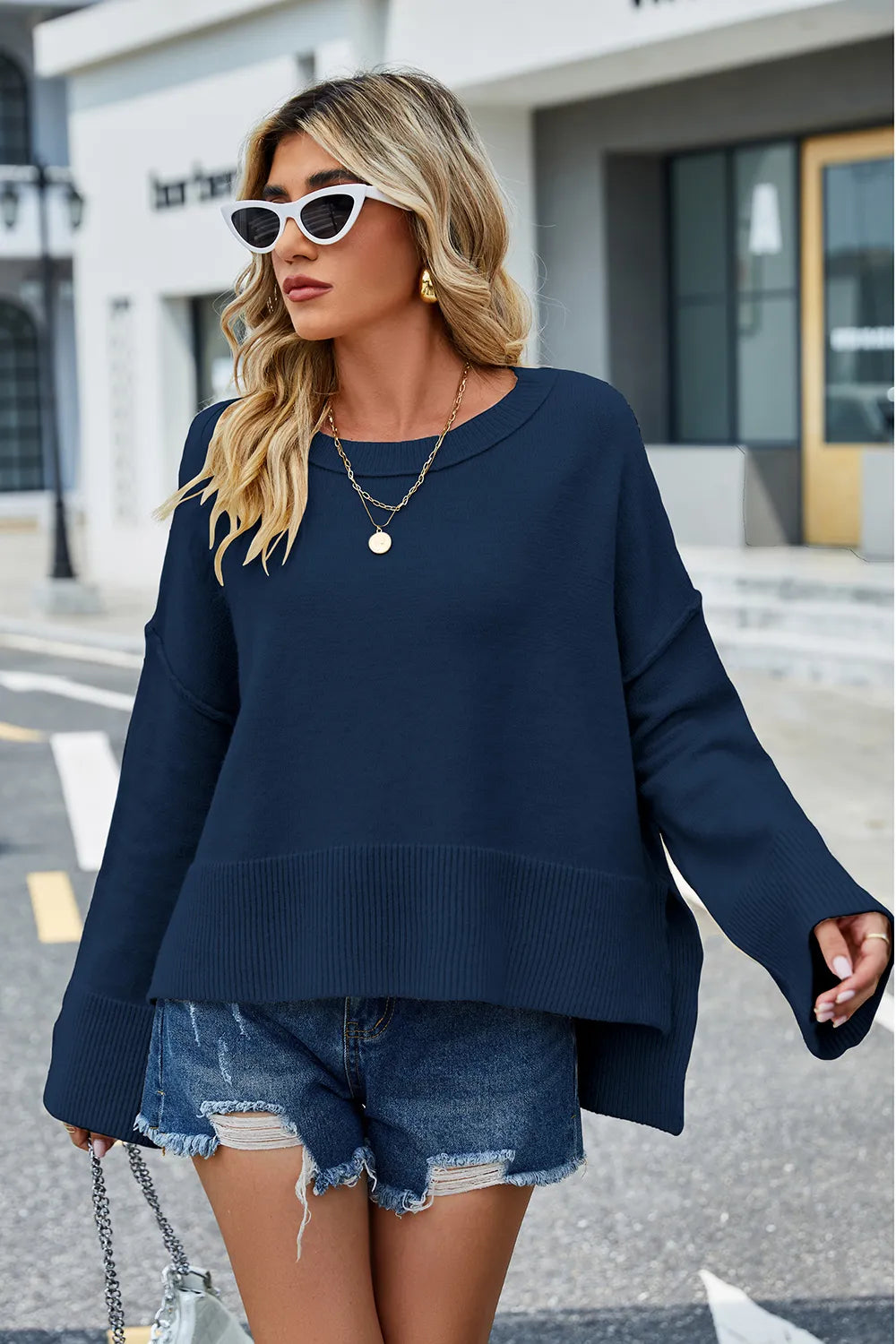 High-low slit long-sleeve sweater, navy crewneck with ribbed hem