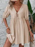 Khaki tie-front puff sleeve mini dress with V-neck and drawstring detail