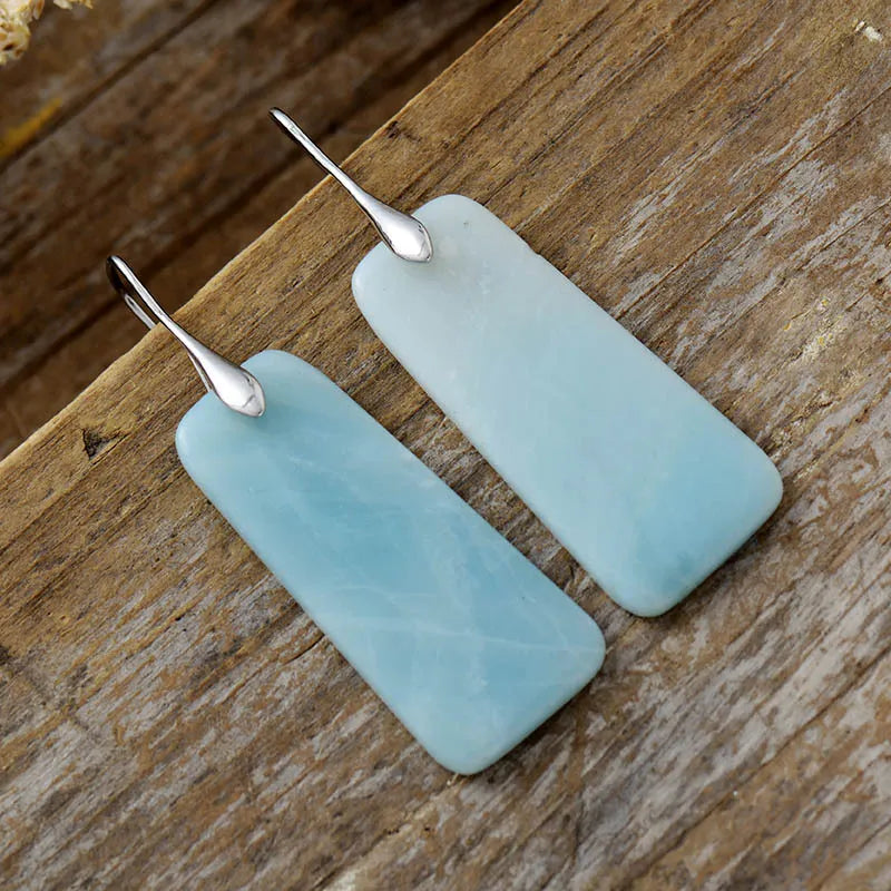 Light blue rectangular stone drop earrings, silver-tone hooks