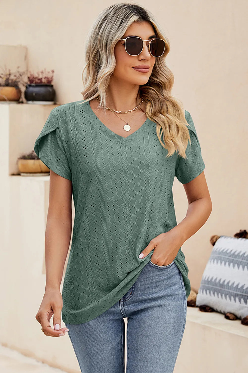 Green eyelet V-neck petal-sleeve T-shirt with short sleeves and textured pattern
