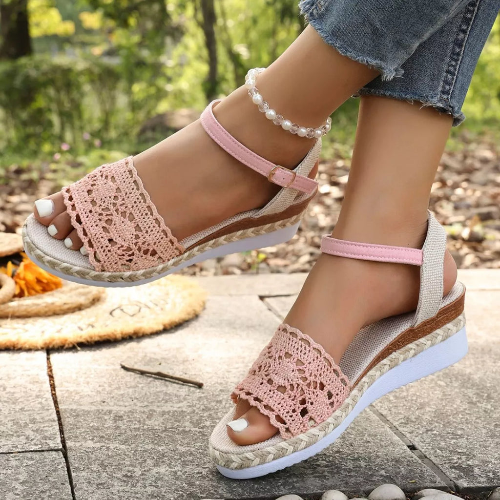 Pink crochet espadrille wedge sandals with ankle buckle strap and open toe