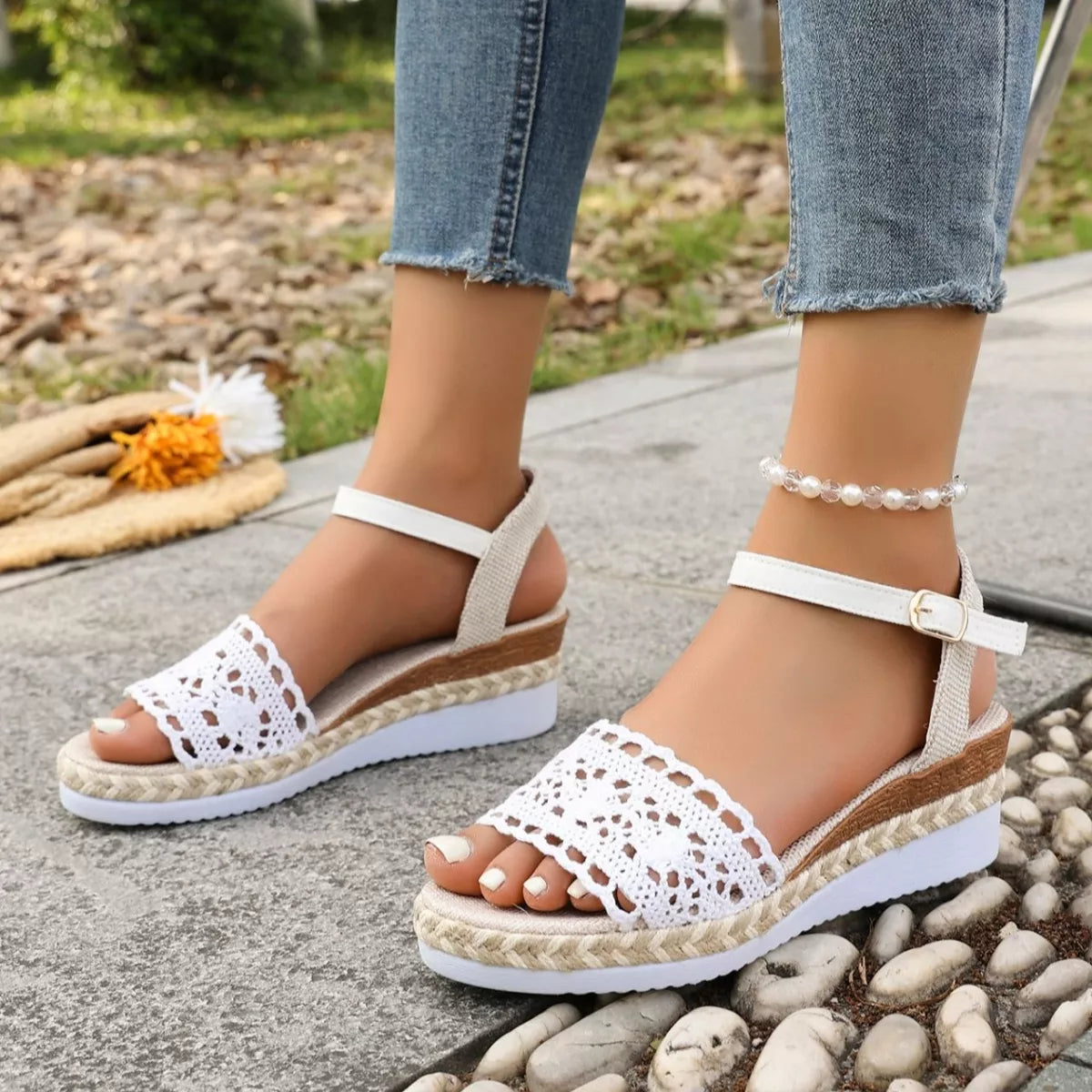 White crochet espadrille platform sandals with peep-toe and ankle strap