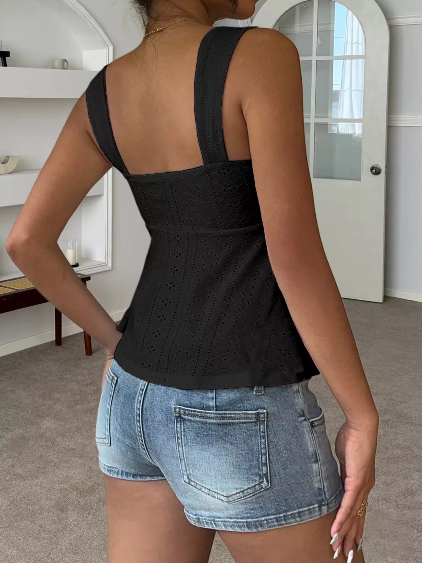 Black eyelet embroidered drawstring cami top with square neckline and open back