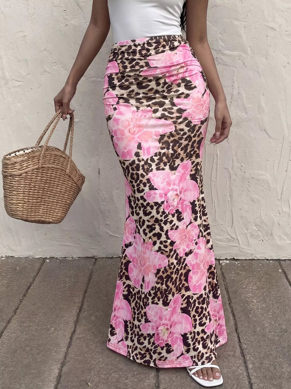Pink leopard print maxi bodycon skirt with large floral blooms, high waist