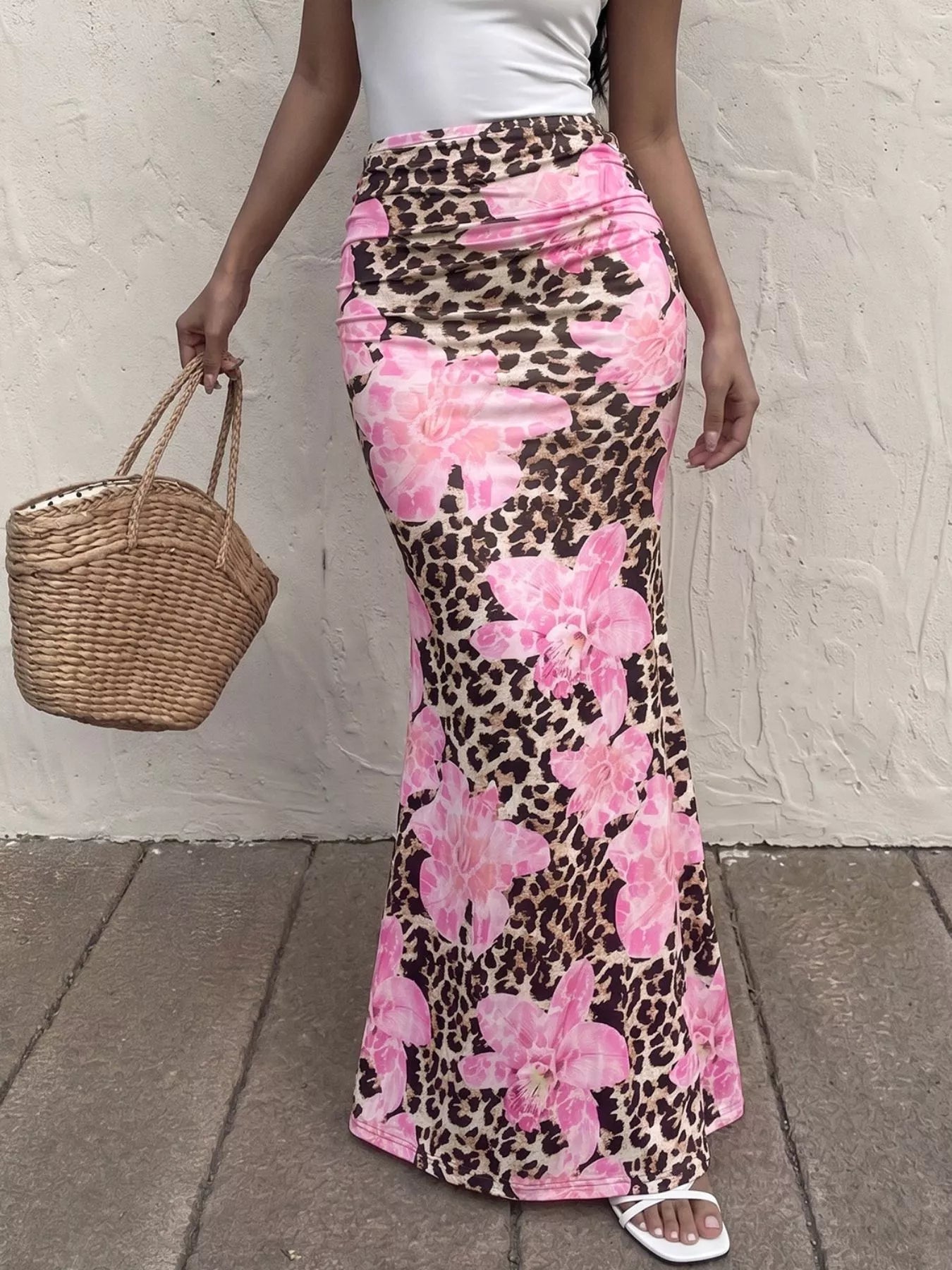 Pink leopard print maxi bodycon skirt with large floral blooms, high waist