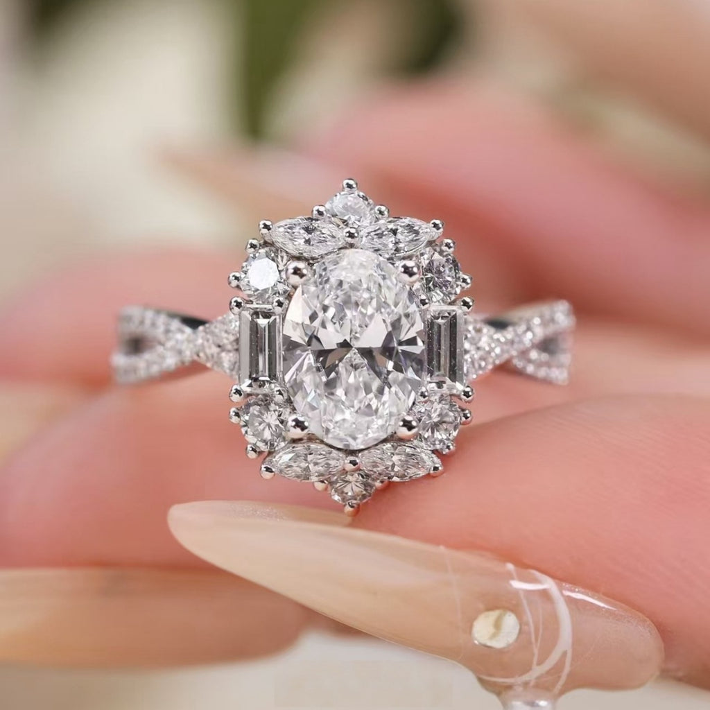 1-carat moissanite halo ring in sterling silver, oval center stone with side accents
