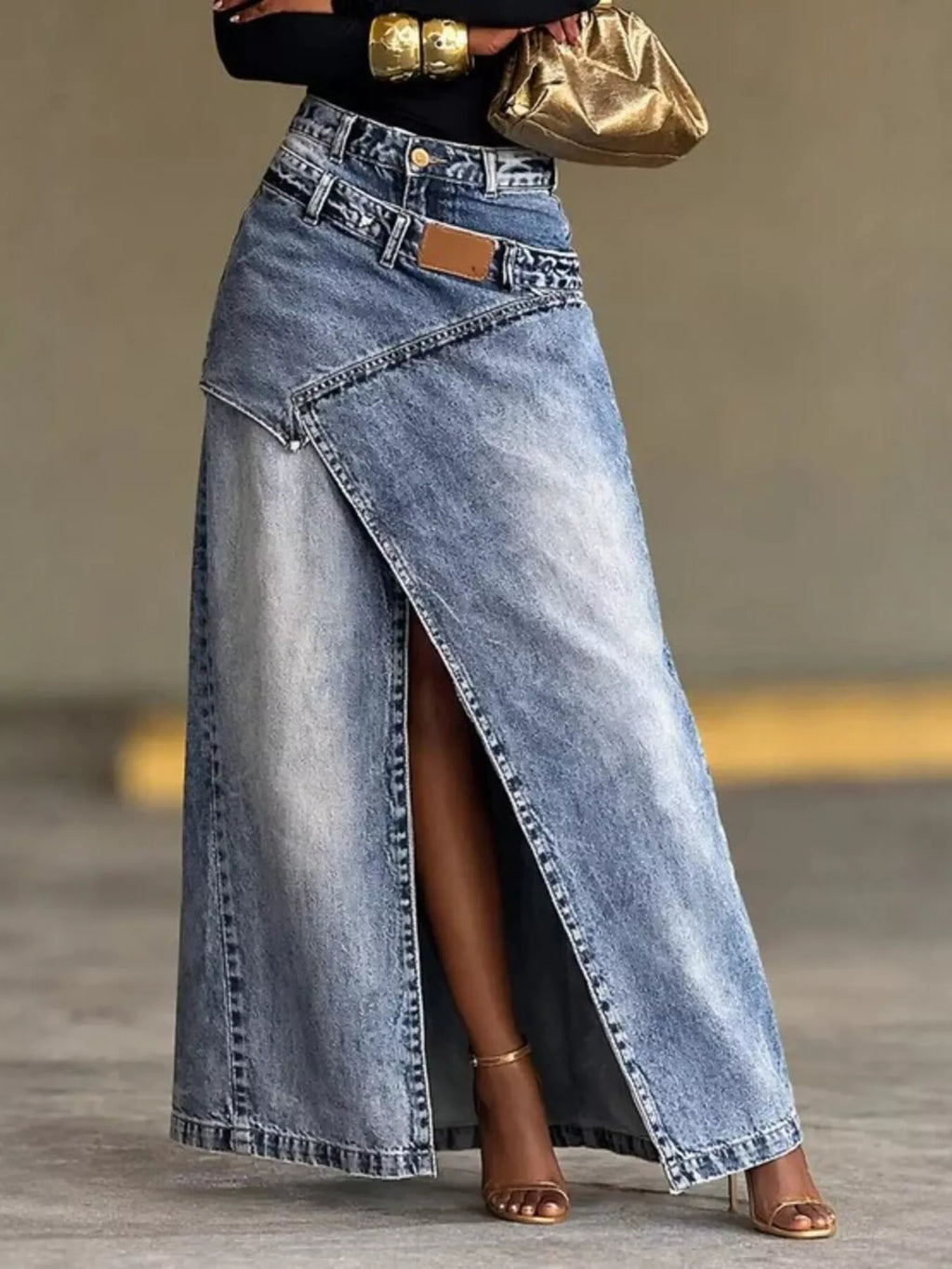Blue high-waisted denim skirt, front slit with button front and front seams