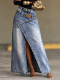 Blue high-waisted denim skirt, front slit with button front and front seams