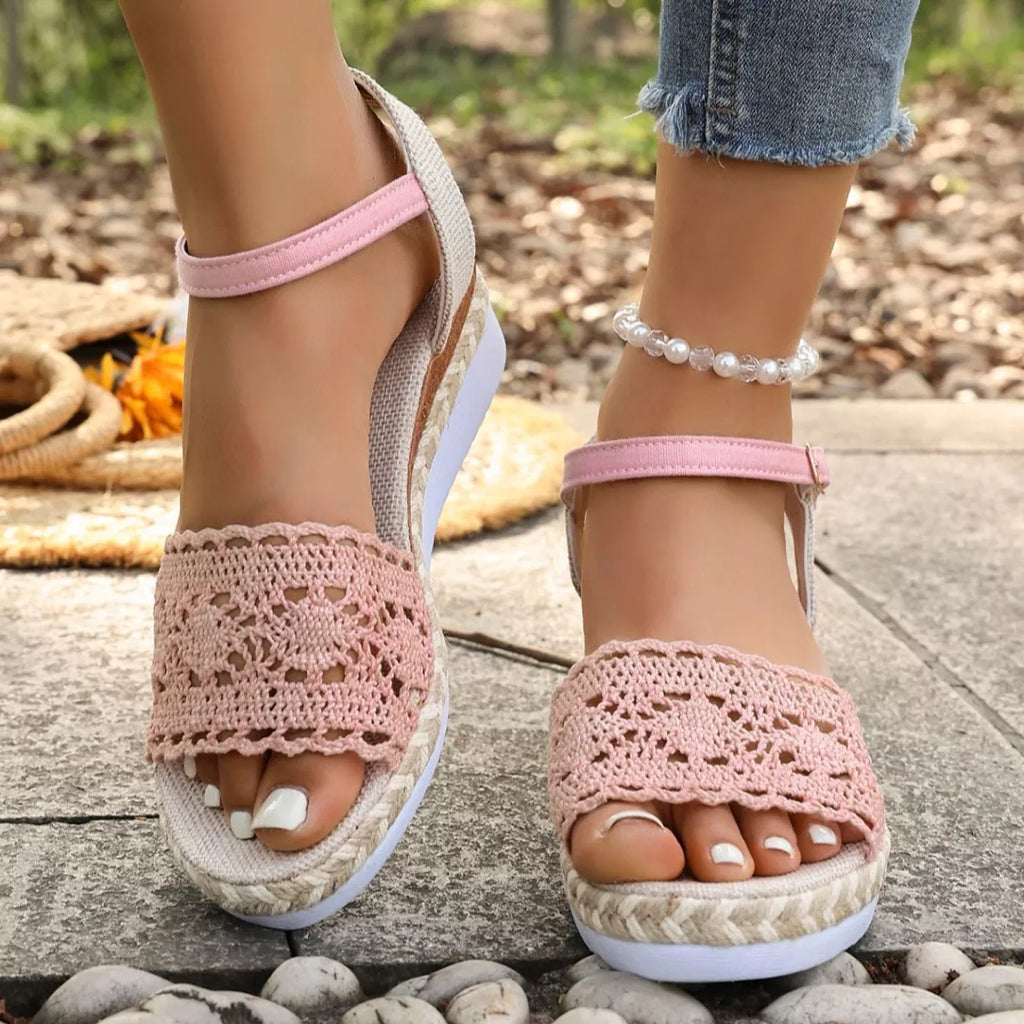 Pink crochet espadrille wedge sandals with ankle strap, lace-up crochet detail