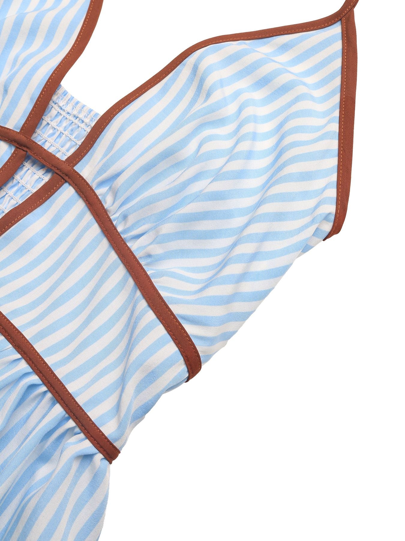 Blue striped halter bodice with brown-trim straps and curved neckline cut