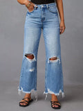 Light blue distressed raw-hem jeans with front pockets and rip details