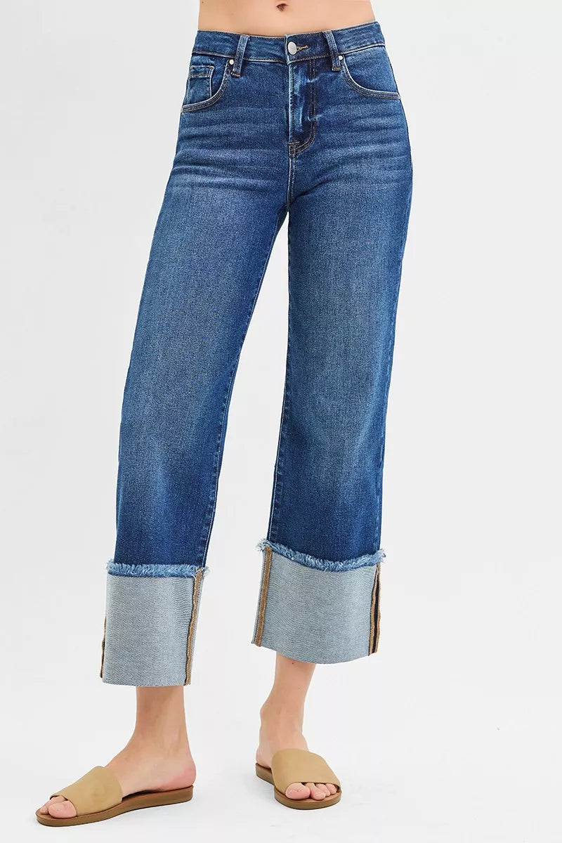 Dark blue wide-leg crop jeans, mid-rise with cuffed hems and rolled-edge look