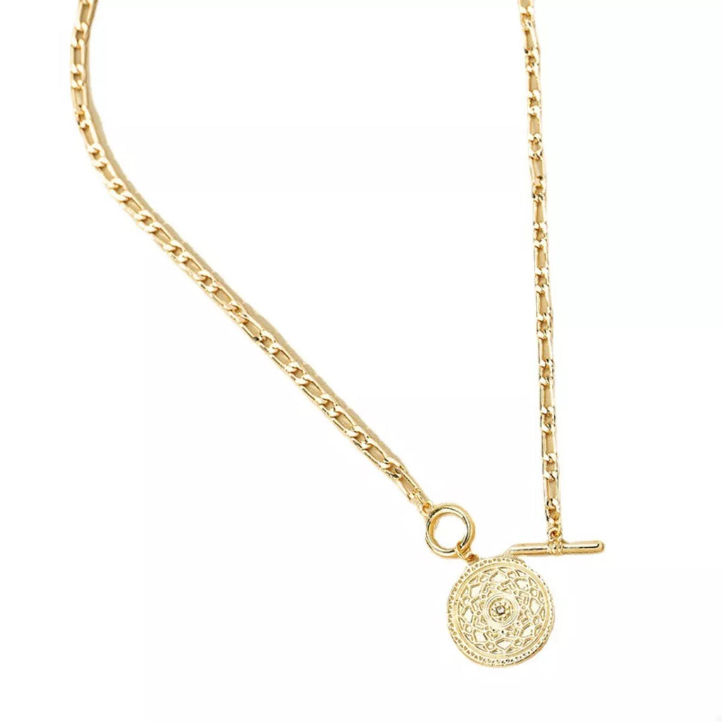 Gold chain necklace with vintage coin pendant charm and link chain extender loop